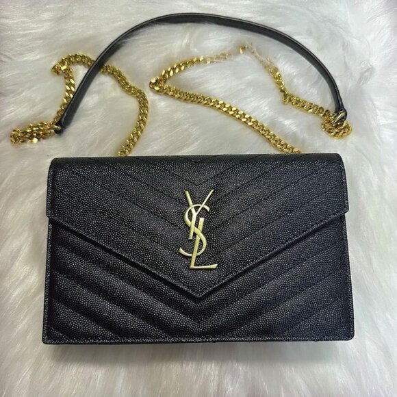 YSL SAINT LAURENT BLACK CASSANDRE ENVELOPE CHAIN WALLET HANDBAG - Picture 1 of 6